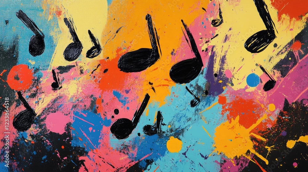 Poster colorful abstract art featuring musical notes with brush strokes and splatters