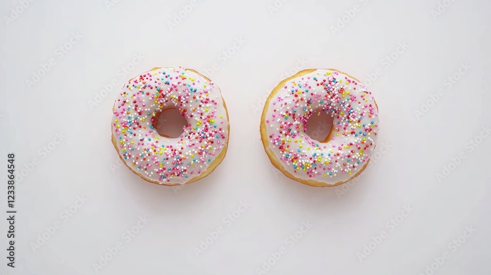Poster delicious frosted donuts with colorful sprinkles on a white background representing indulgent snacks
