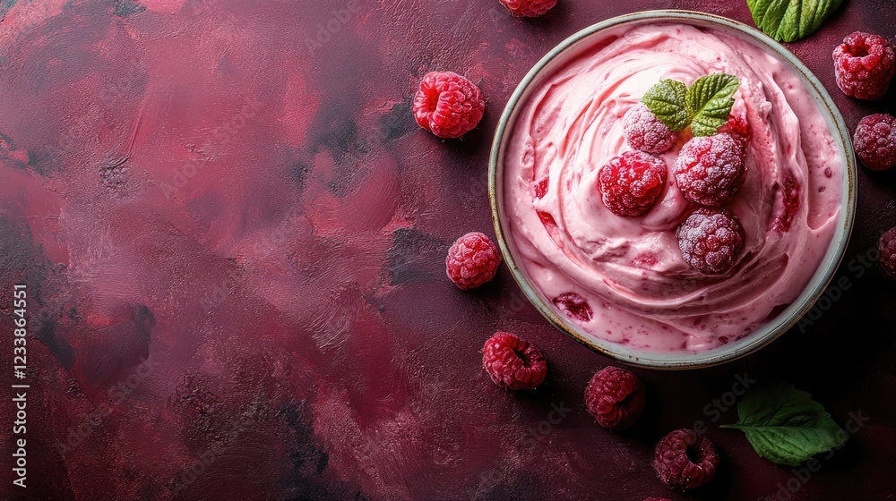 Poster creamy raspberry yogurt dessert in bowl with fresh raspberries on textured dark background ideal for