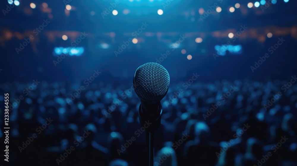 Aufkleber Close up of a stage microphone with blurred concert hall audience in the background creating ample space for promotional text or messaging