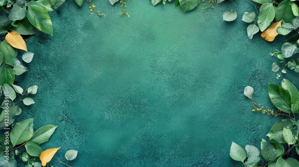 Leinwandbilder top view of green leafy frame with copyspace for text on a textured background ideal for environment