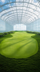 Obraz premium golf course inside massive glass dome, featuring lush green grass and bright sky. serene atmosphere invites relaxation and enjoyment