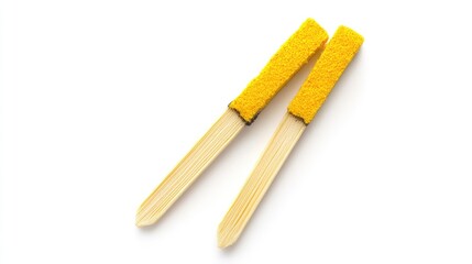 Obraz premium Close-up of Two Yellow Match Scratch Boards on a Bright White Surface for Artistic or Craft Use, Featuring Textured Sponge Tips and Natural Wood Sticks