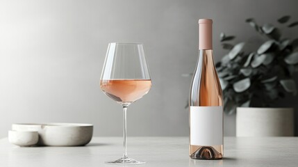 Elegant wine bottle and glass mockup showcasing rosÃ© on a neutral gray background with subtle greenery elements for a sophisticated presentation.
