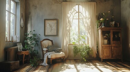 Cottagecore inspired interior featuring antique furniture vintage dÃ©cor and natural light creating a serene and cozy atmosphere