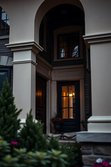 Fototapeta premium Elegant Home Entrance at Night: Modern Architecture and Luxurious Design. Captivating view of a stylish house exterior at dusk.