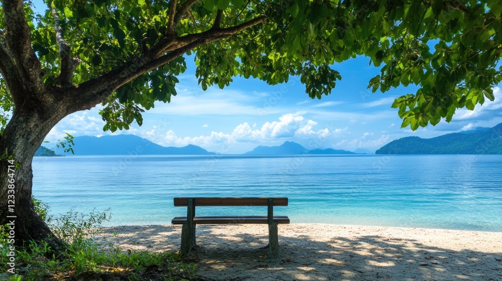 Poster Serene beach view featuring a bench under a tree with a calm sea and mountains in the background ideal for tranquil imagery or text overlay
