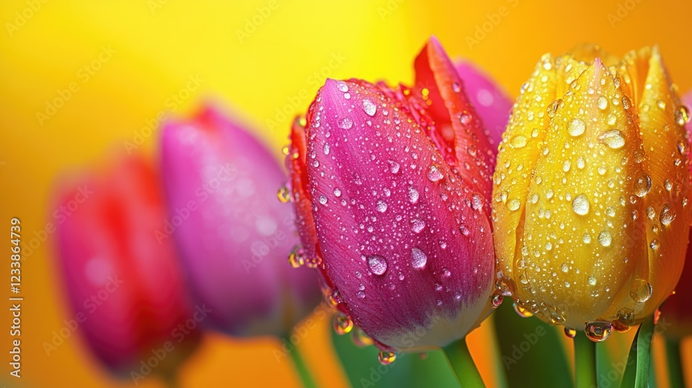 Poster bright tulips with fresh water droplets set against a vibrant yellow background perfect for adding t