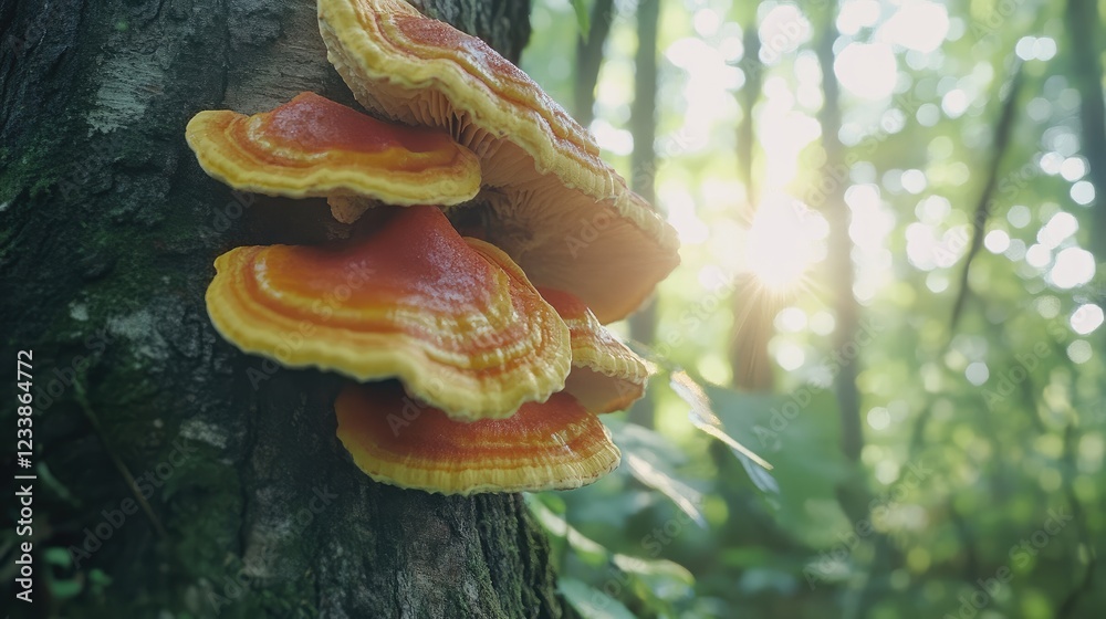 Aufkleber Vibrant Bracket Fungus Growing on Tree Trunk in Lush Forest with Soft Bokeh and Warm Green Background