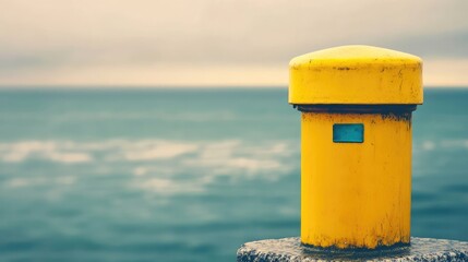 Naklejka premium Vibrant Yellow Post Box Positioned by Tranquil Ocean with Clear Sky Above and Glistening Waters in Background Ideal for Messaging and Announcements