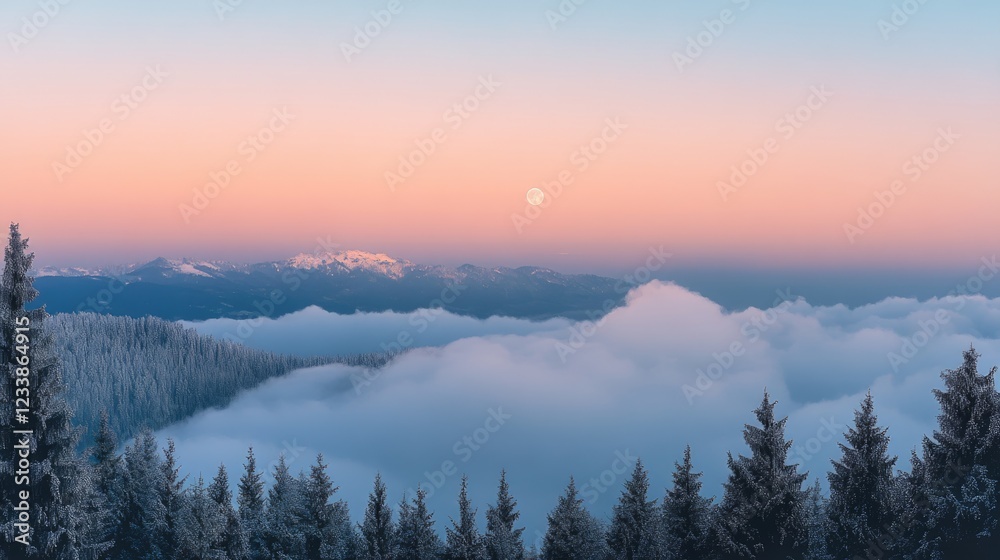Poster serene winter landscape with moonlit cumulus clouds and majestic mountain view ideal for text overla