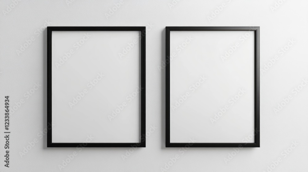 Poster minimalist design of two empty black picture frames on a clean white wall ideal for showcasing photo