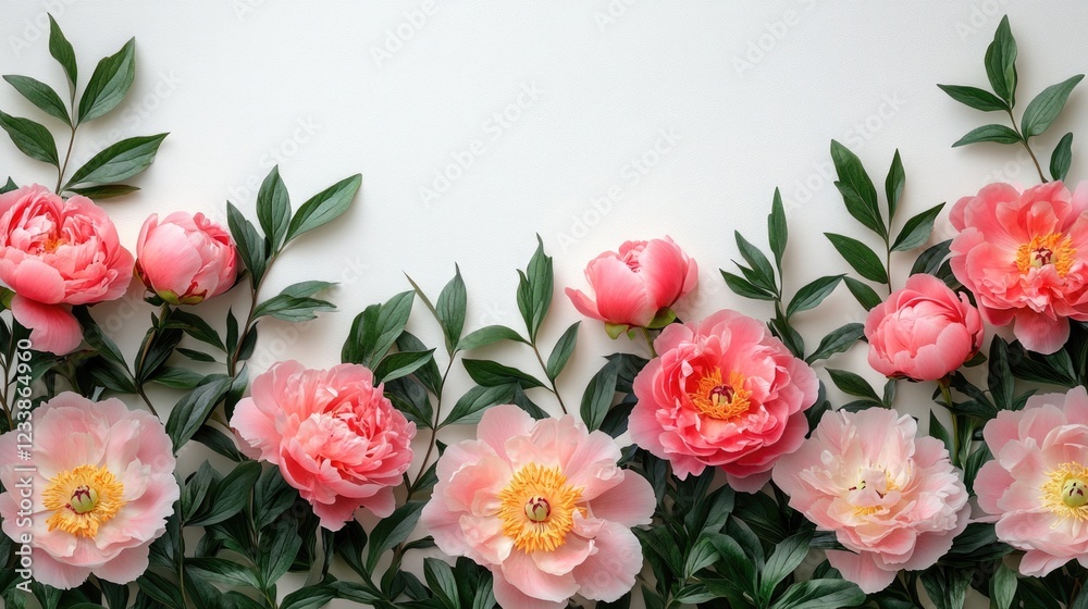 Poster Top view of soft pink peonies and green leaves on a white backdrop creating a tranquil space for your text or design elements.