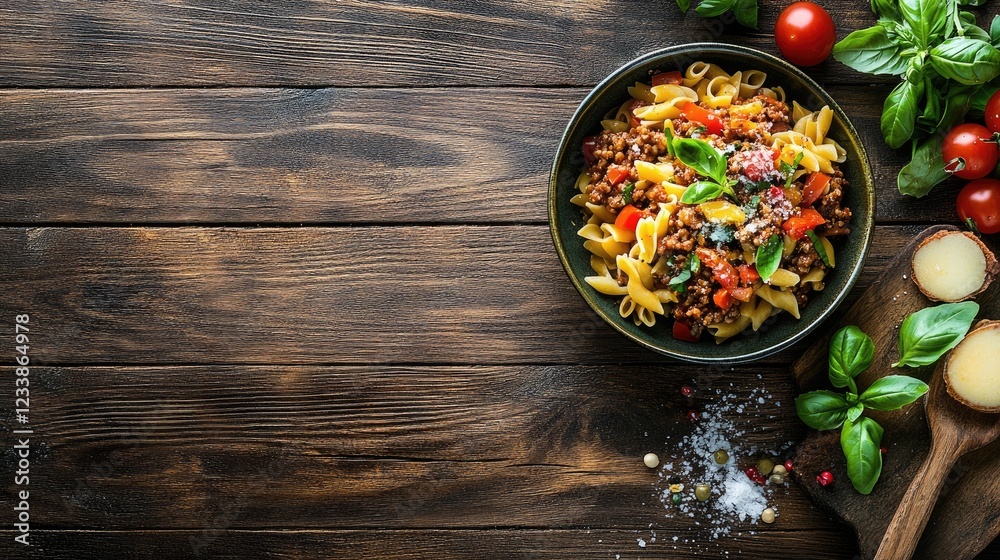 Poster delicious bolognese pasta with minced pork garnished with fresh basil and tomatoes on a rustic woode