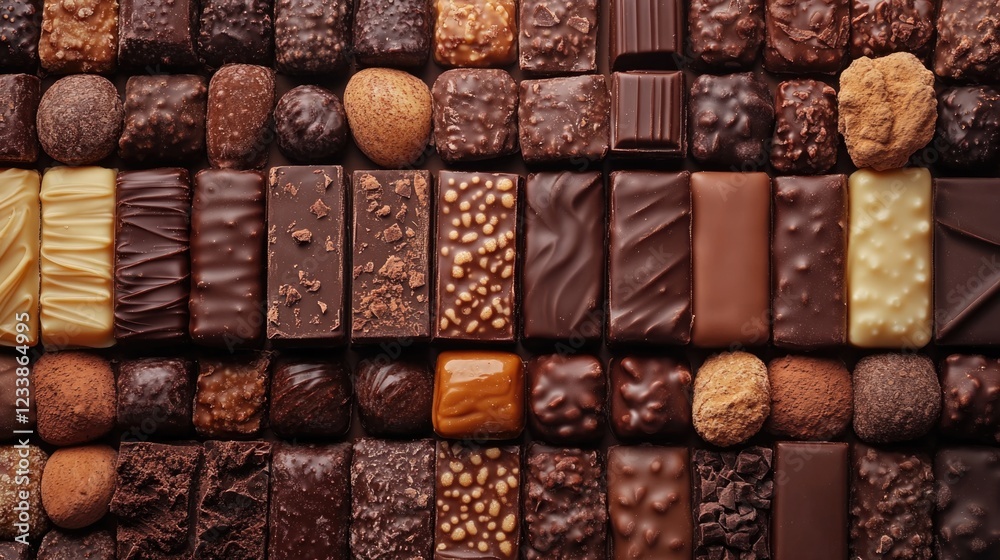 Fototapete Assorted gourmet chocolates arranged in a flat lay composition with empty space for text ideal for promotional or advertising purposes