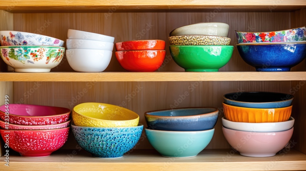 Aufkleber colorful array of ceramic bowls organized in a wooden kitchen cabinet with ample empty space for tex
