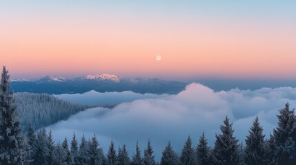 Serene Winter Landscape with Moonlit Cumulus Clouds and Majestic Mountain View Ideal for Text Overlay and Inspirational Themes