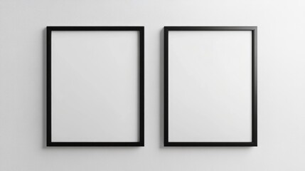 Minimalist design of two empty black picture frames on a clean white wall ideal for showcasing photo collages or artwork displays.