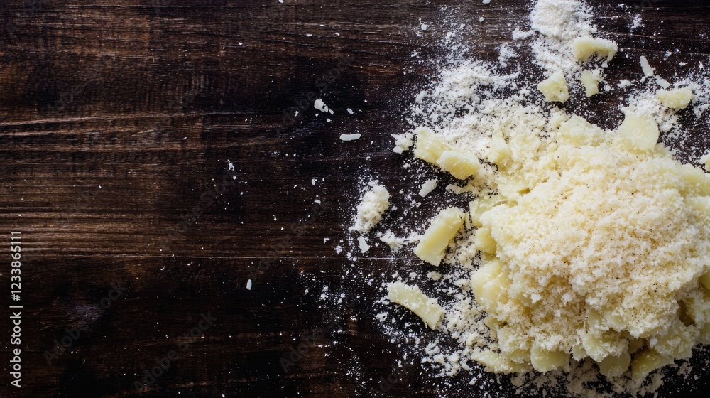 Poster Fried Potatoes with Truffle and Parmesan on Wooden Surface with Empty Space for Text or Design Elements