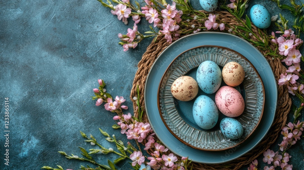 Poster easter holiday table setting with colorful eggs and floral decorations on a textured background for 