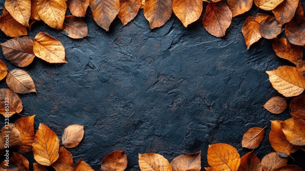 Poster Dried autumn leaves arranged on a textured black background creating a natural frame with empty space for text or branding.