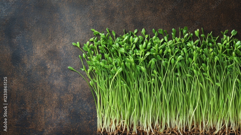 Poster Fresh green wheat sprouts in a farm field top view with rich soil background and ample copyspace for text or design elements