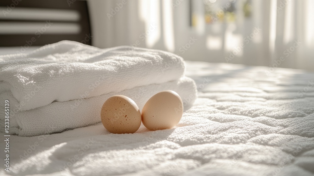 Poster two eggs resting on fluffy white linens symbolizing comfort and nesting in a serene and cozy home en