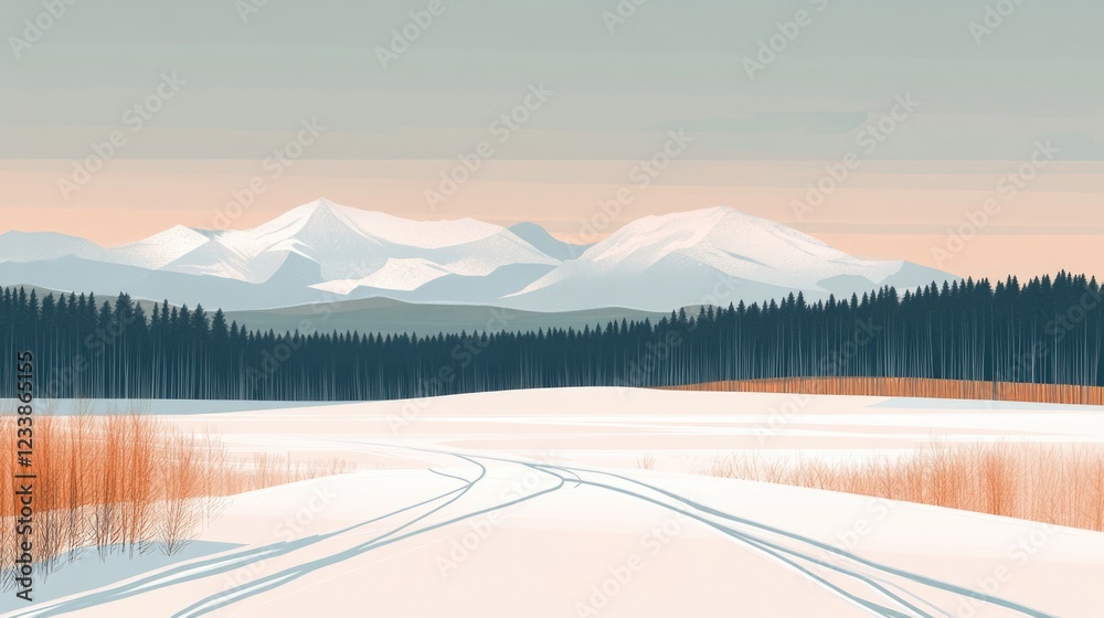 Leinwandbilder winter landscape with snow-covered fields and distant mountains minimalist design featuring a forest
