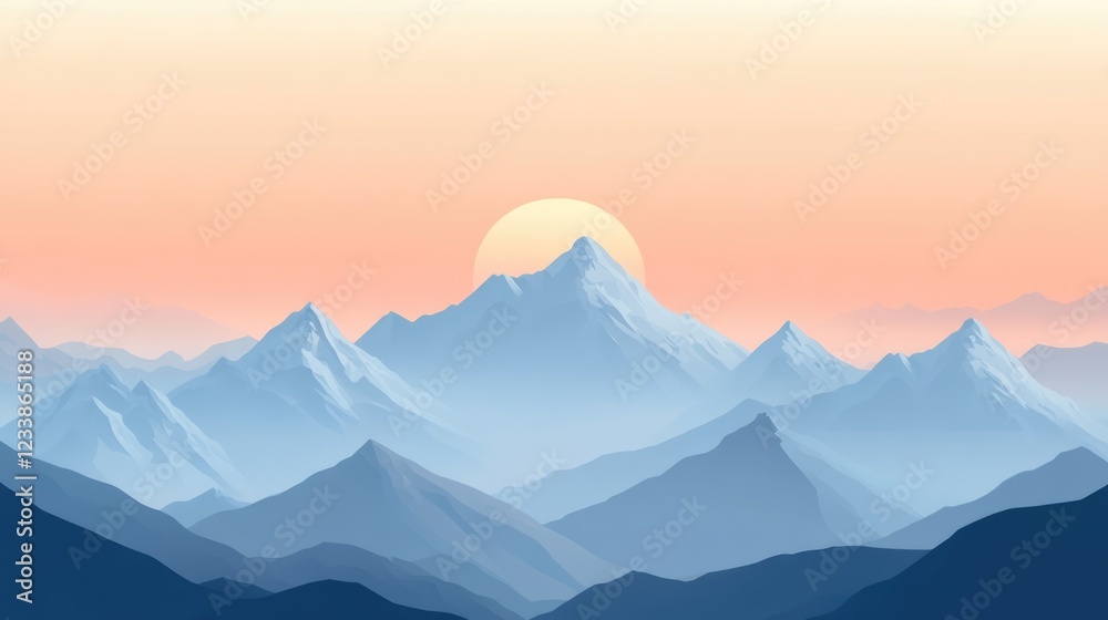 Poster Tranquil Sunrise Scene with Snow Capped Mountains and Soft Gradient Sky for Copyspace and Text Placement