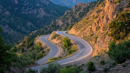 Fototapeta premium Winding mountain road bathed in golden evening light surrounded by rugged terrain and lush greenery