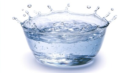 Water splashing in a glass bowl on white background.