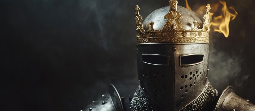 Cavalry helmet with crown detailed design representing armored soldiers and historical warfare with empty space for text overlay