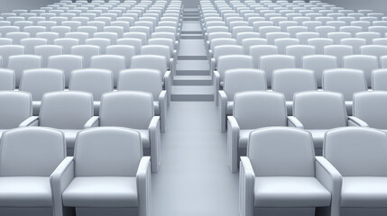 Fototapeta premium Modern gray auditorium seating arranged in rows, creating spacious and inviting atmosphere for events. design emphasizes comfort and accessibility