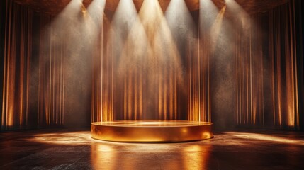 A golden royal awards podium surrounded by radiant spotlights, with premium textures and an elegant stage design