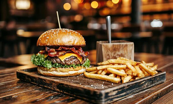 Close up view of fresh tasty beef burger and French fries on wooden tray with seasoning on rustic table in fast food restaurant