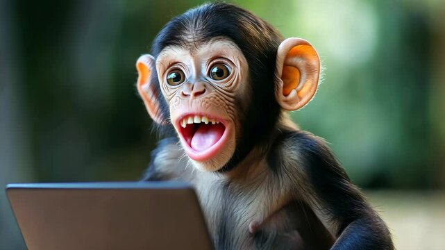 Baby monkey is sitting in front of a laptop computer, looking at the screen with a smile on its face