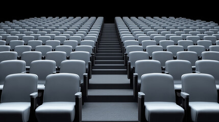 Naklejka premium Empty theater seating with rows of gray chairs and steps leading up. design creates sense of anticipation and spaciousness, perfect for events or presentations
