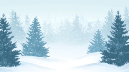 Serene Winter Forest Scene with Snow-Covered Pines and Misty Atmosphere Perfect for Text Overlay and Seasonal Themes