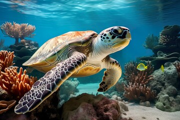Sea turtle swimming underwater surrounded by coral