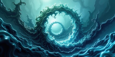 A mesmerizing digital illustration of an intricate swirling vortex, blending ethereal blues and greens into captivating swirls and curves that enchant the eye with its complexity