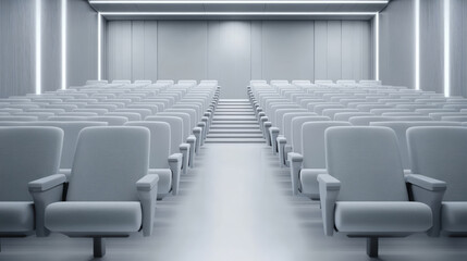 Fototapeta premium Modern auditorium with rows of gray seats and minimalist design, creating serene atmosphere for presentations or lectures. clean lines and neutral tones enhance focus and engagement