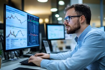 Analyst reviews stock market data; office background