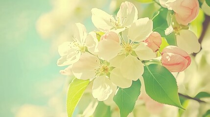 Close-up of delicate, light pink and white apple blossoms on a branch against a soft blue sky.
