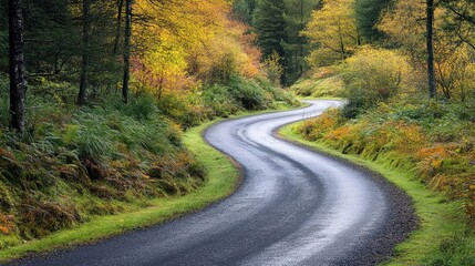 Fototapeta premium Scenic winding road amidst vibrant autumn foliage and lush green forest in a tranquil natural landscape.