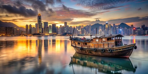 Fototapeta premium Old junk boat partially submerged in murky waters of Victoria Harbour at sunset with Hong Kong skyline reflected on its rusty hull, vancouver island, night scene