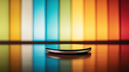 Sleek smartphone rests on reflective surface against vibrant multicolored background.