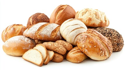 Assorted Bakery Products Freshly Baked Including Bread Rolls Baguettes and Cookies Displayed on a White Background