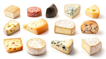 Elegant Assortment of Gourmet Cheeses on White Background Ideal for High-End Culinary Promotions and Wine Pairing Events