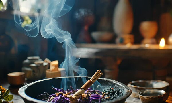 Herbal Ritual Incense Sticks Burning For Fumigation Ceremony On Pagan Witch Magic Altar With Smoking Twist Of Bitter Wormwood Herb