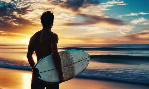 Happy Surfer Holding Surfboard at Beach During Sunrise